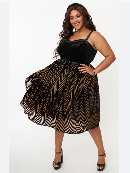 Unique Vintage Dresses & Skirts - Unique Vintage Bertie Black Velvet Chevron Swing Dress - Size XL